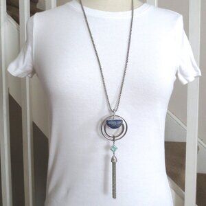 Long Bohemian Artistic SIlver and Blue Long Tassel Necklace with Blue Stones